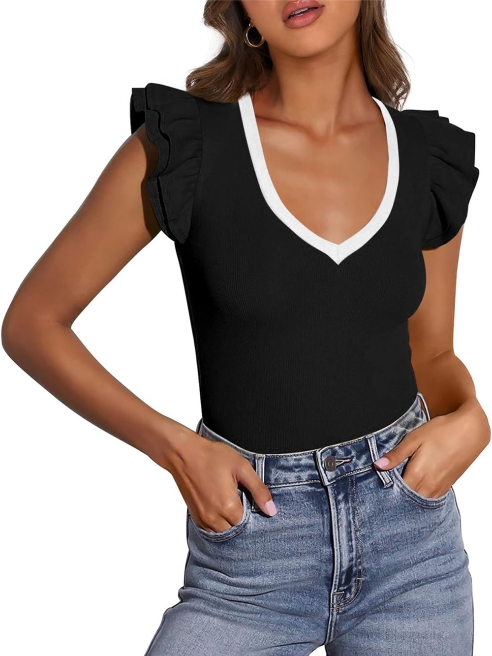 Black Ruffle Sleeve V-Neck Top with White Trim